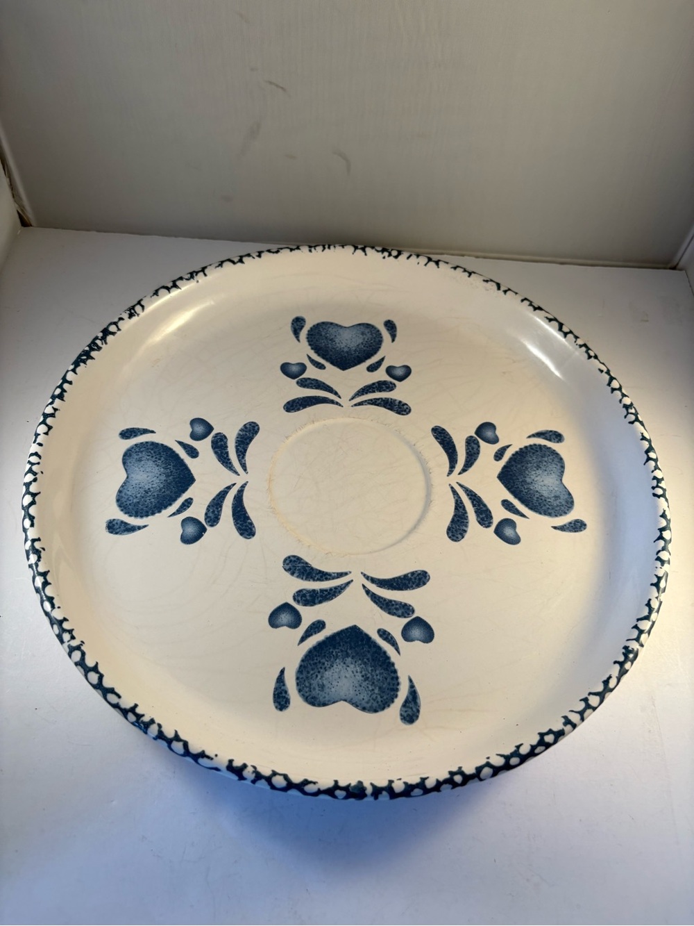 Vintage House of Lloyd Blue Spongeware Hearts Chip Dip Platter Base 11” Cottage